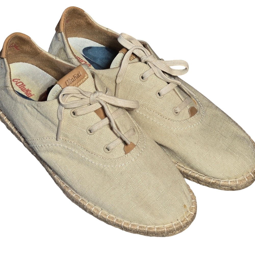 Olukai Kaula Pa'a Li Womens 10‎ Sand Linen Espadrille Sneakers Tan 20463-2020